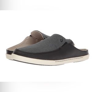 Olukai Huaka Slip On Mules Size 7 Canvas Loafer Comfort Leather Black gray